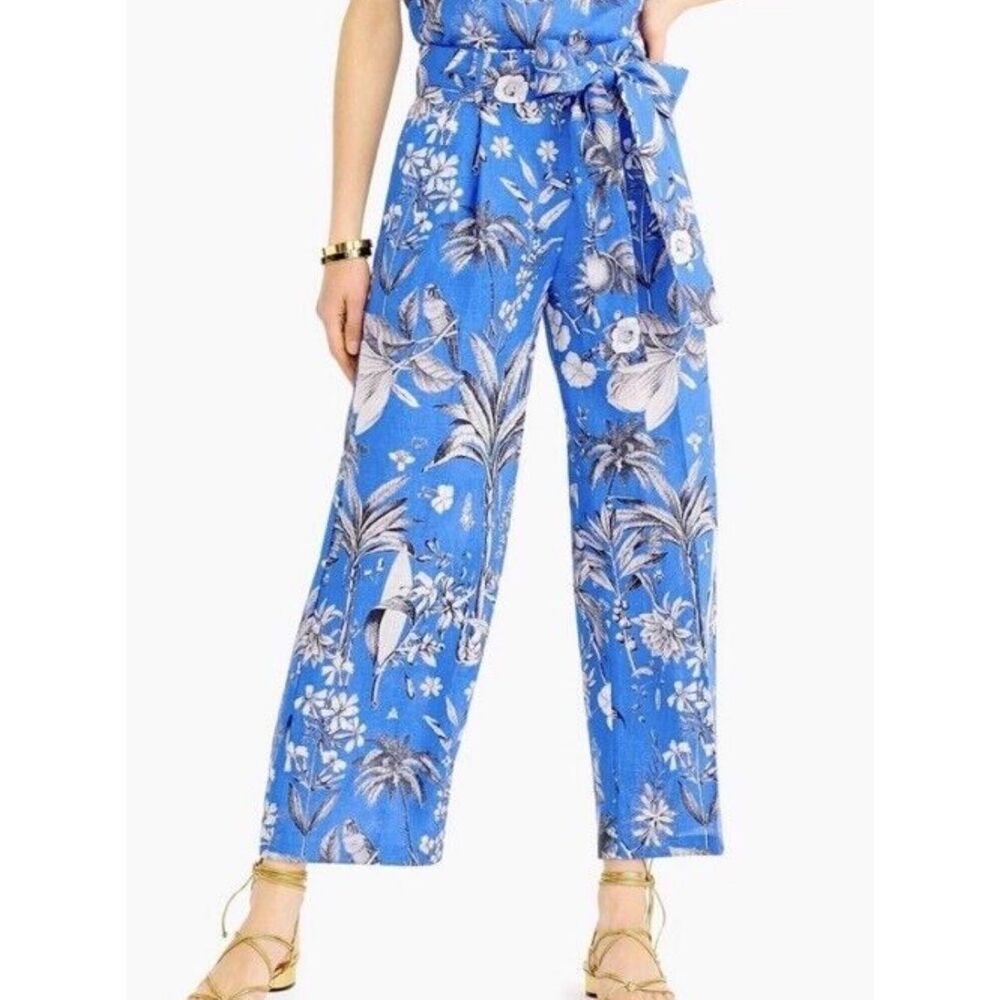 J. Crew Womens Linen Wide Leg Floral Tropical High‎ Rise Ankle Pants Blue Size 0